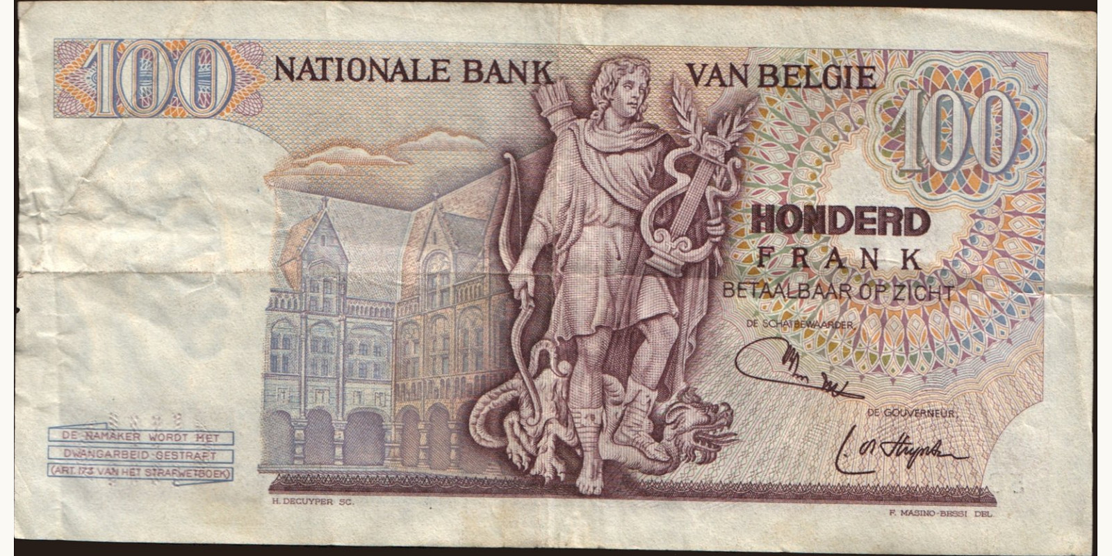 100 franc Бельгия 1975 — Оборотная сторона