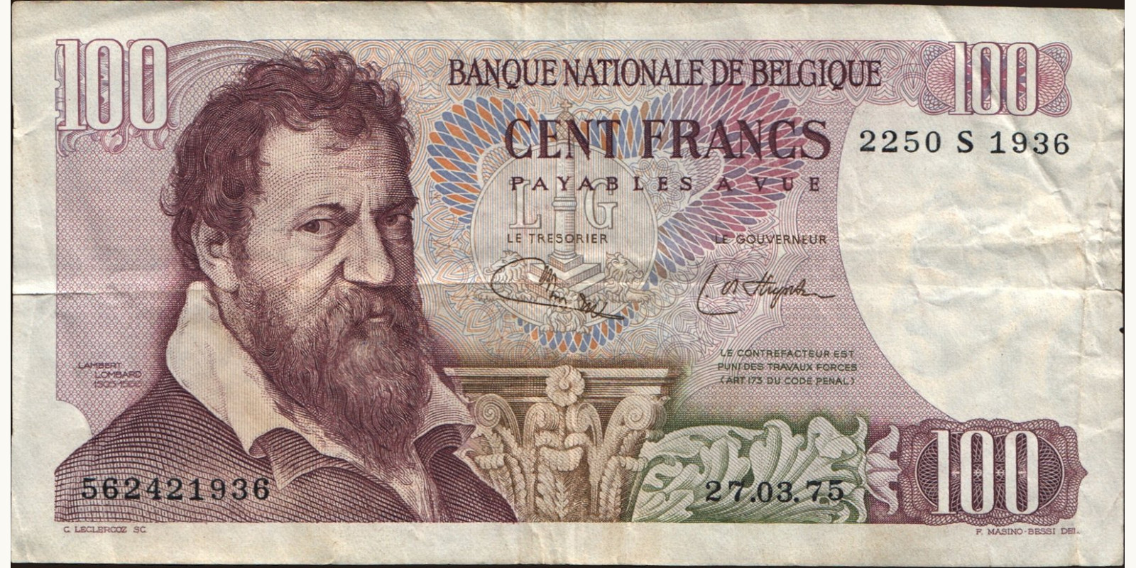 100 franc Бельгия 1975 — Лицевая сторона