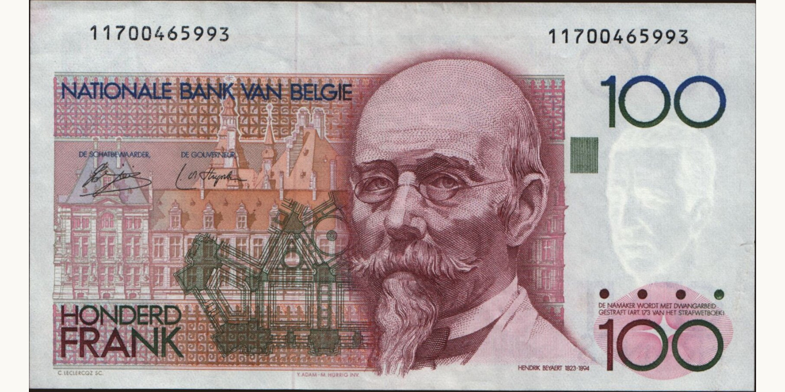 100 franc Бельгия 1978 — Лицевая сторона