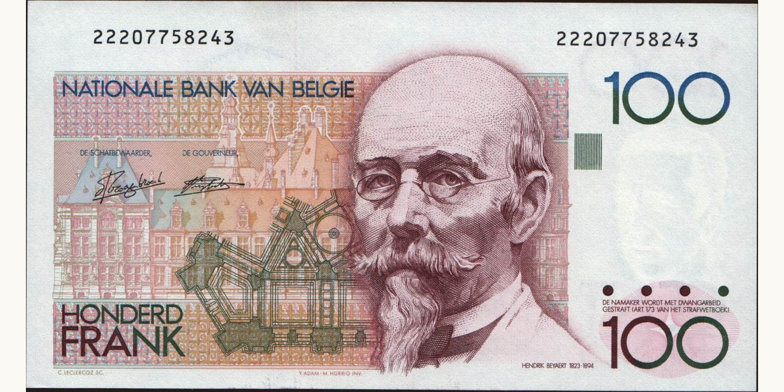 100 franc Belgium 1982 — Front side