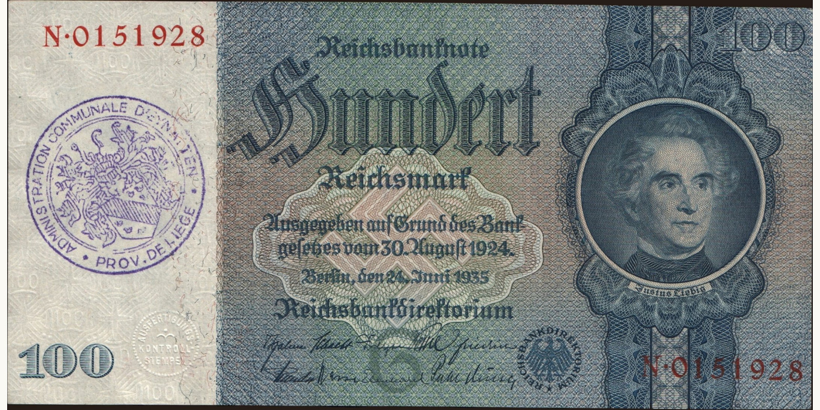 100 mark Бельгия 1935 — Лицевая сторона