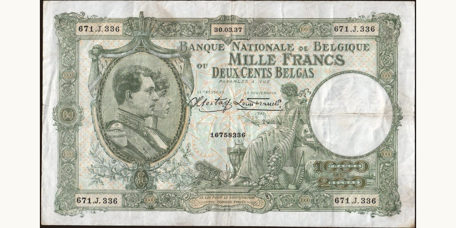 1000 franc Belgium 1937 — Front side