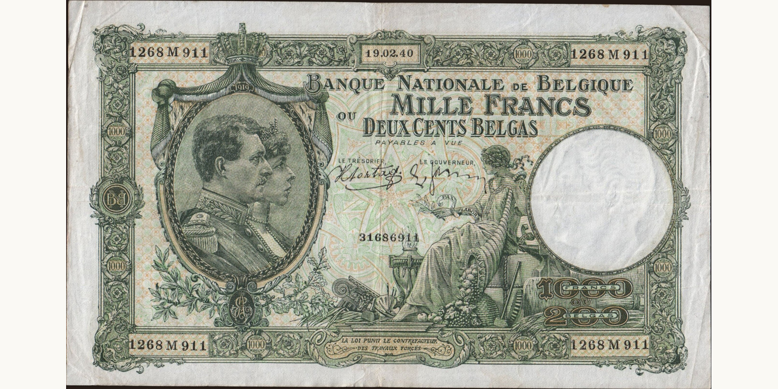 1000 franc Belgium 1940 — Front side