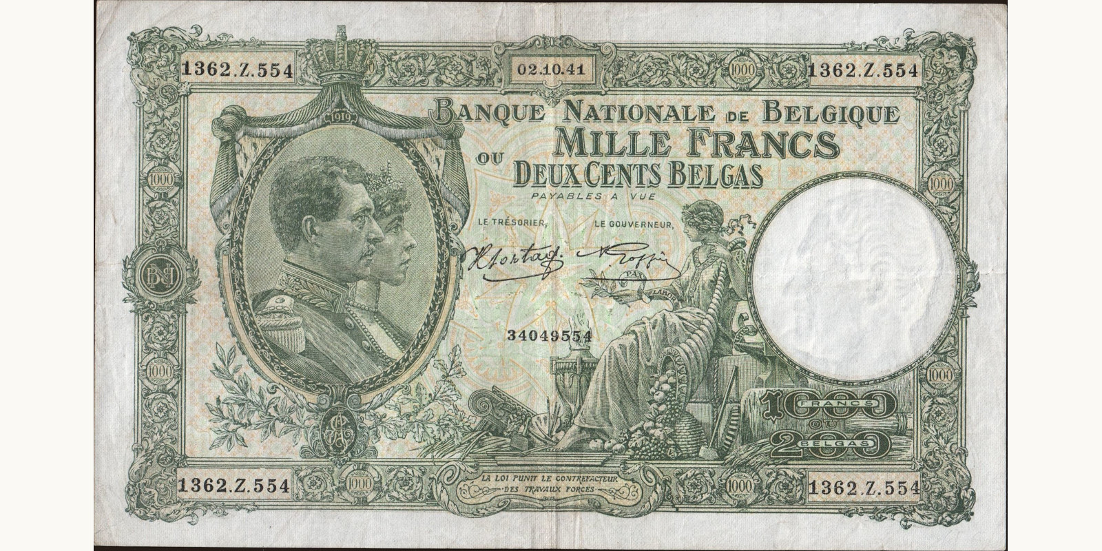 1000 franc Бельгия 1941 — Лицевая сторона