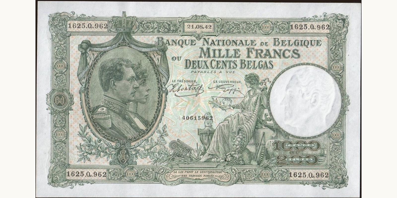 1000 franc Belgium 1942 — Front side