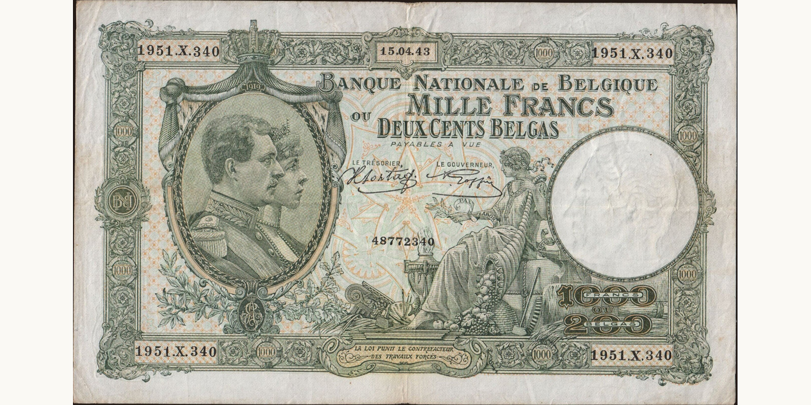 1000 franc Belgium 1943 — Front side