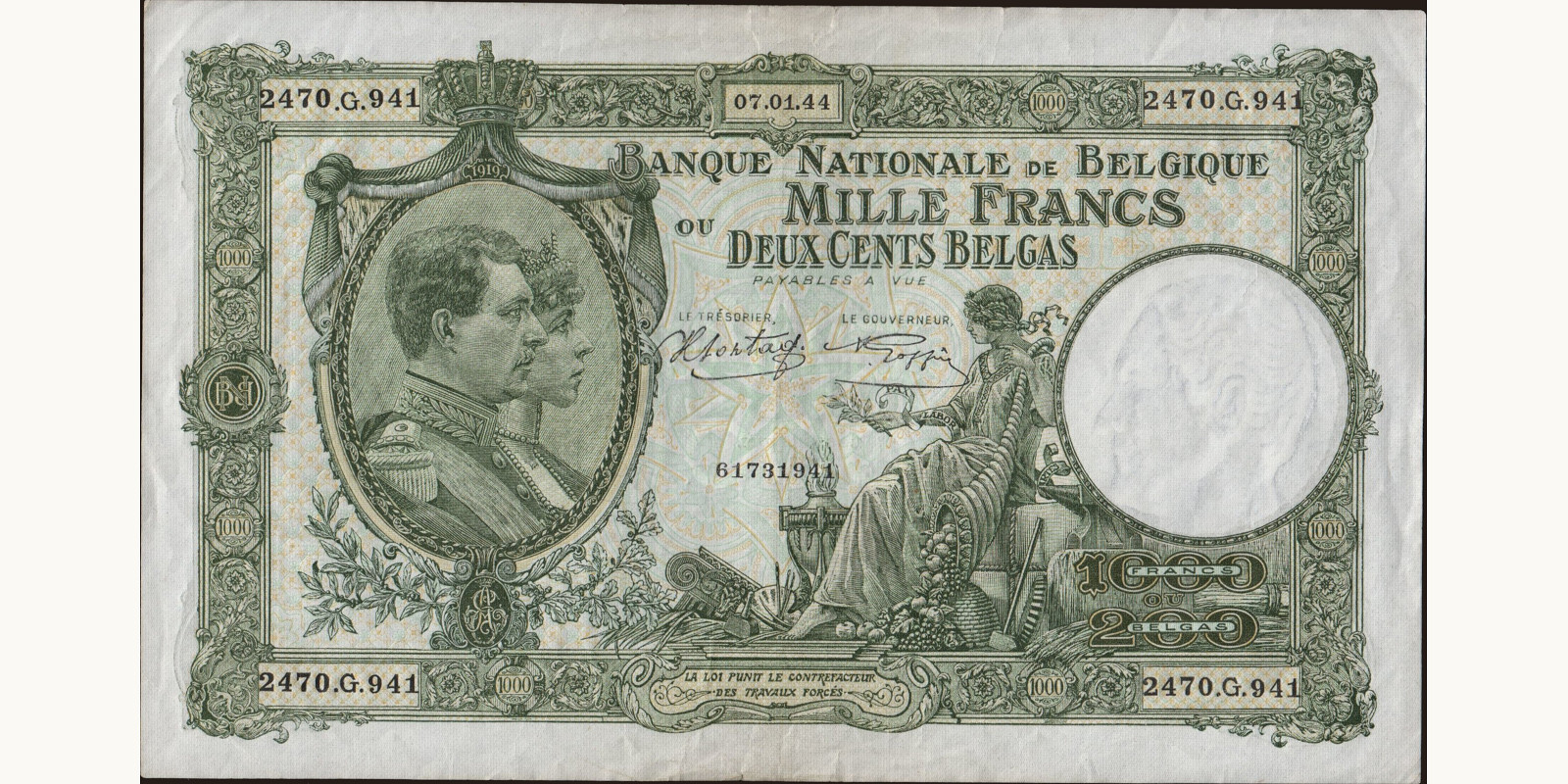 1000 franc Бельгия 1944 — Лицевая сторона