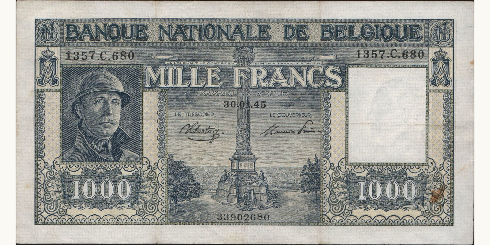 1000 franc Belgium 1945 — Front side