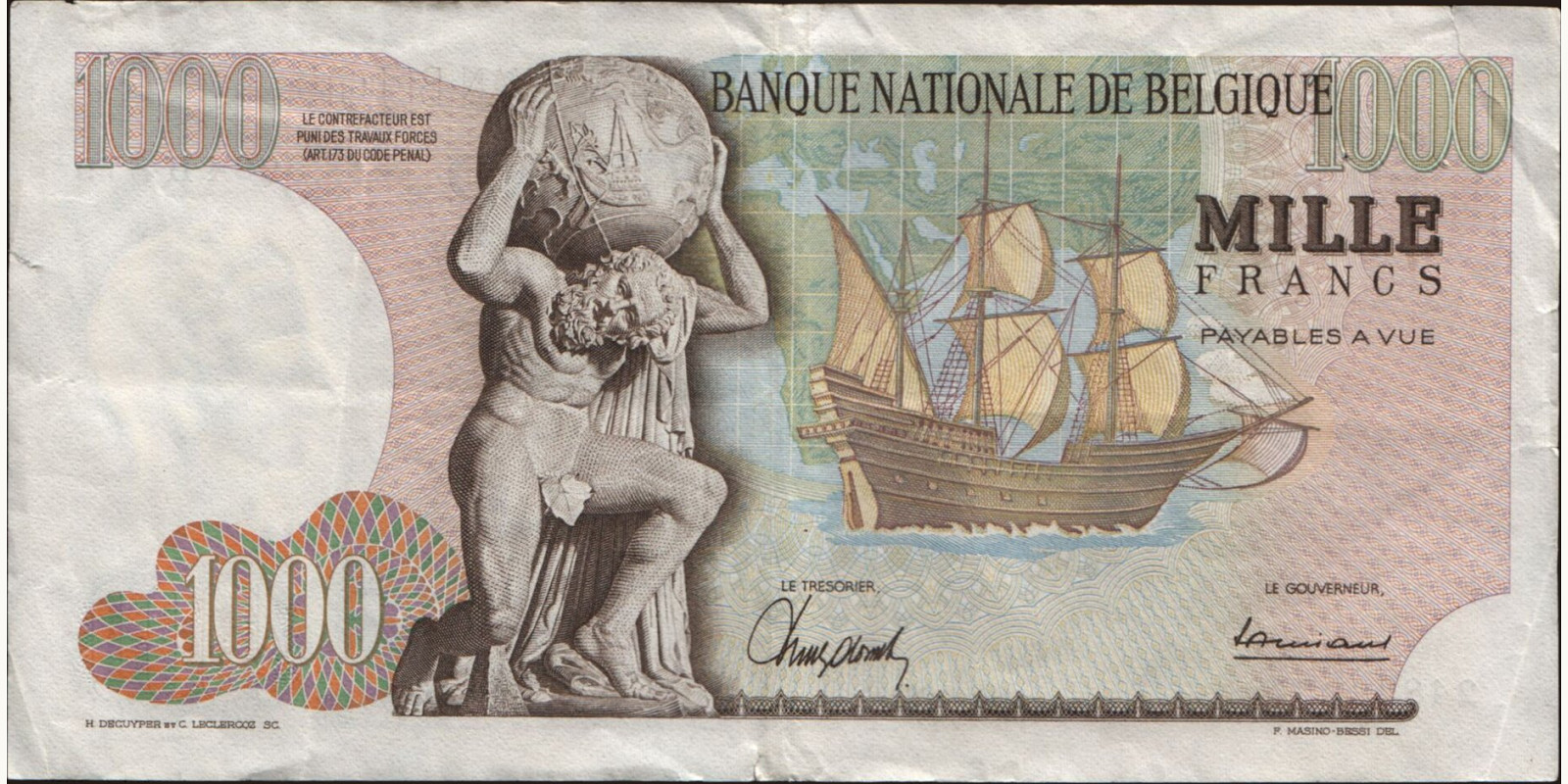 1000 franc Бельгия 1967 — Оборотная сторона