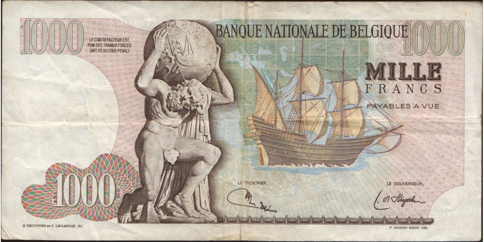 1000 franc Бельгия 1975 — Оборотная сторона