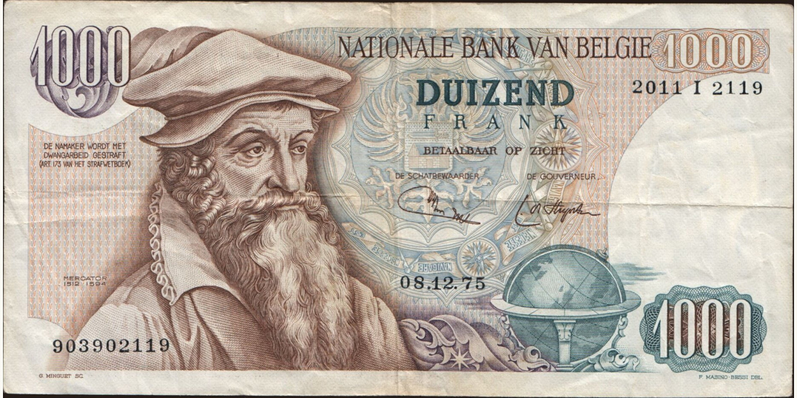 1000 franc Бельгия 1975 — Лицевая сторона