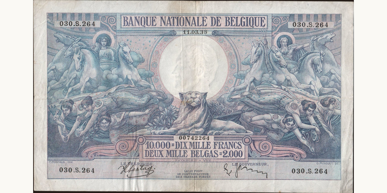 10000 franc Бельгия 1938 — Лицевая сторона