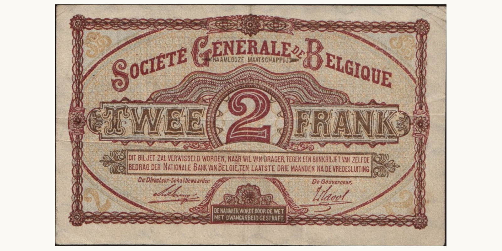 2 franc Belgium 1915 — Back side