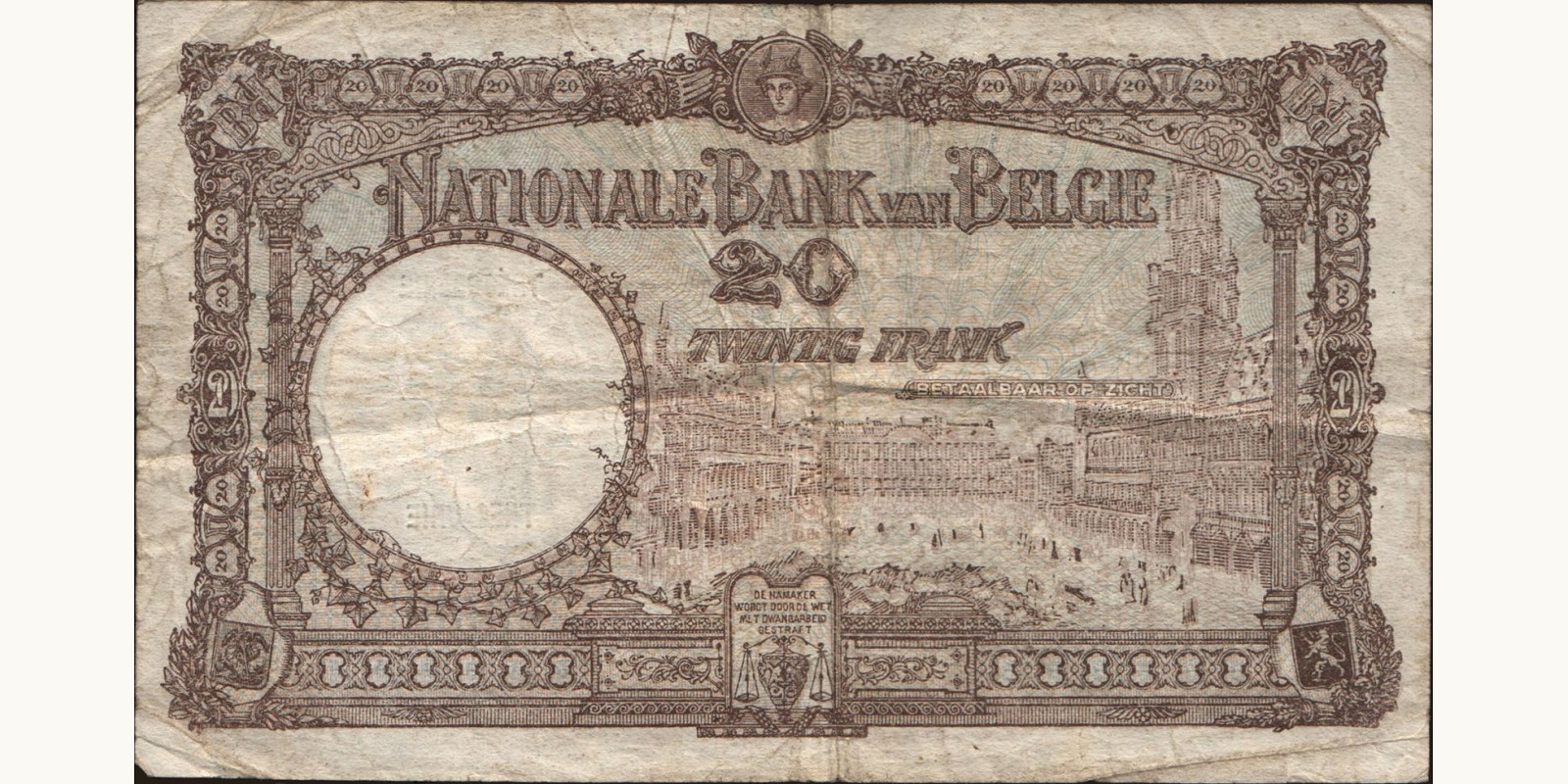 20 franc Belgium 1927 — Back side