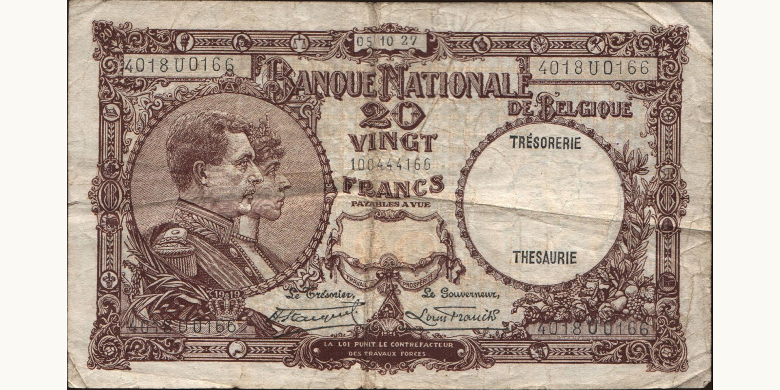 20 franc Belgium 1927 — Front side