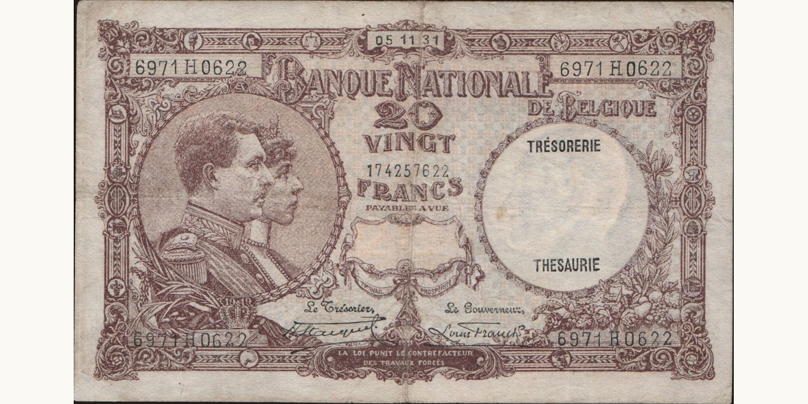 20 franc Бельгия 1931 — Лицевая сторона