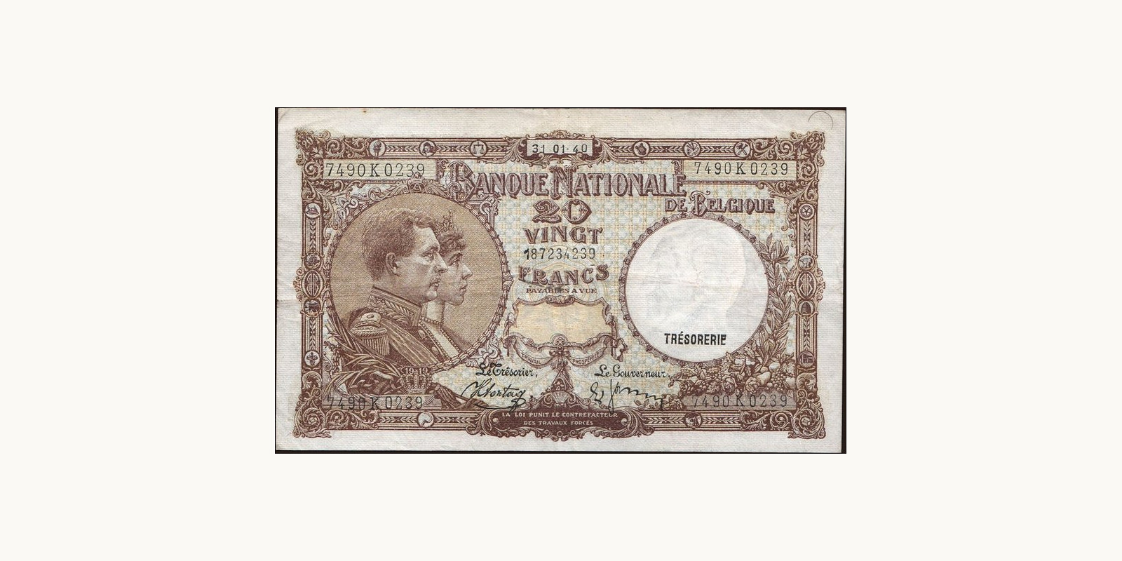 20 franc Бельгия 1940 — Лицевая сторона