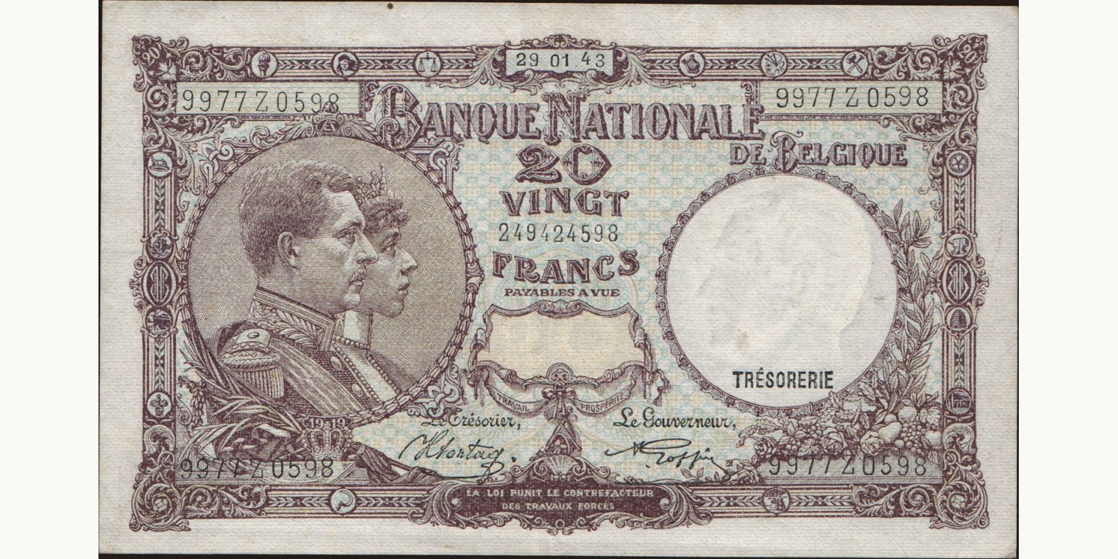 20 franc Бельгия 1943 — Лицевая сторона