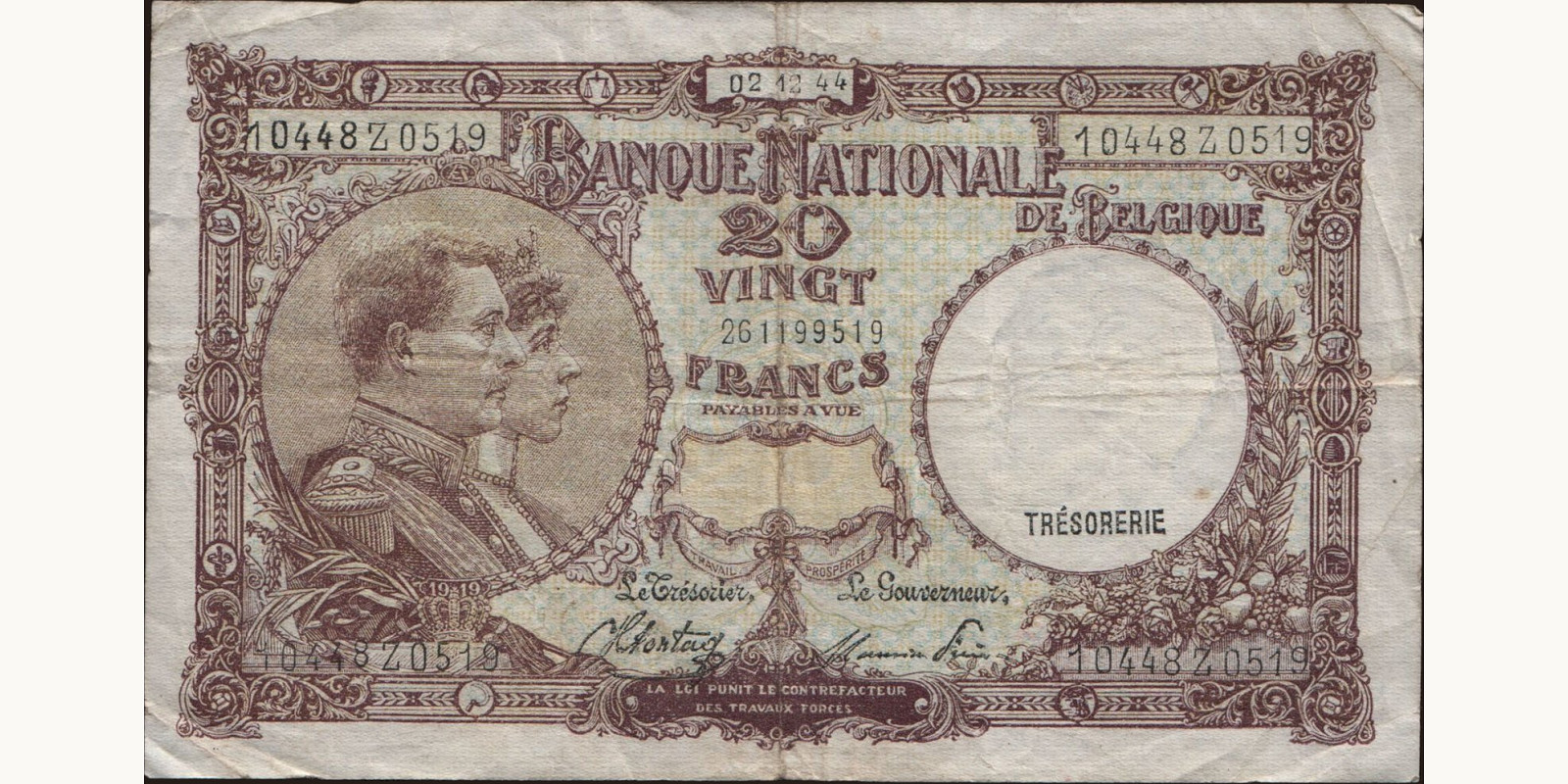 20 franc Бельгия 1944 — Лицевая сторона
