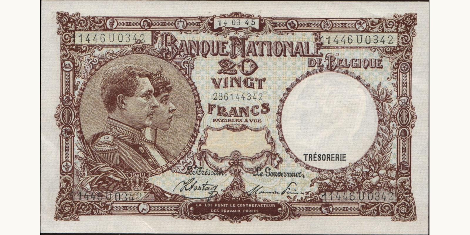 20 franc Бельгия 1945 — Лицевая сторона
