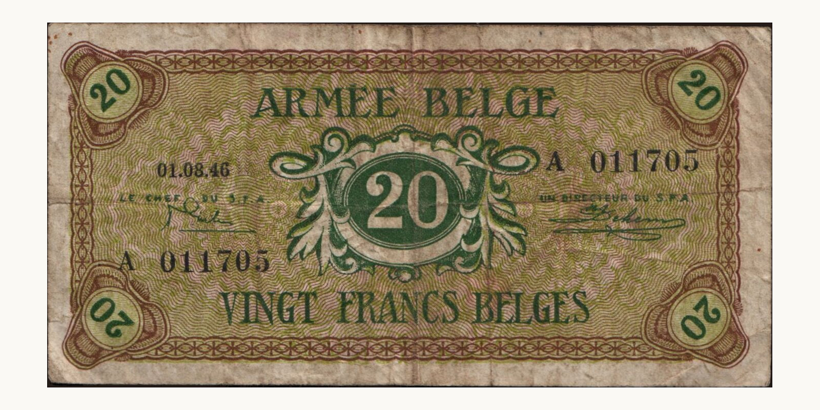 20 franc Belgium 1946 — Front side