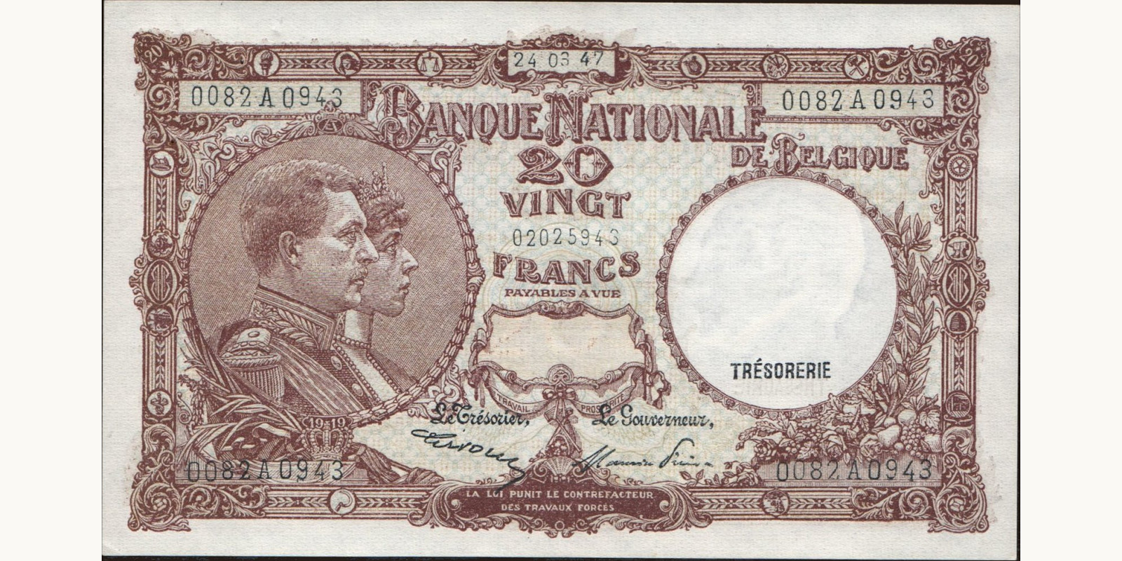 20 franc Бельгия 1947 — Лицевая сторона