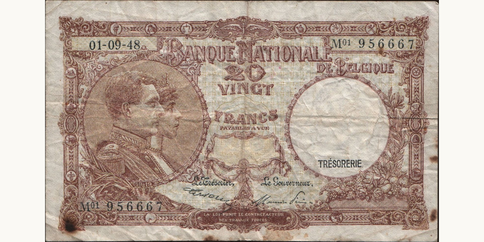 20 franc Бельгия 1948 — Лицевая сторона