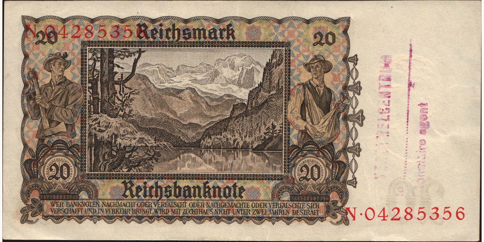 20 mark Бельгия 1939 — Оборотная сторона