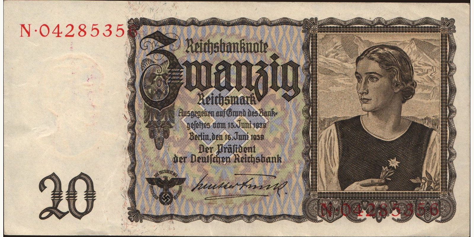 20 mark Бельгия 1939 — Лицевая сторона