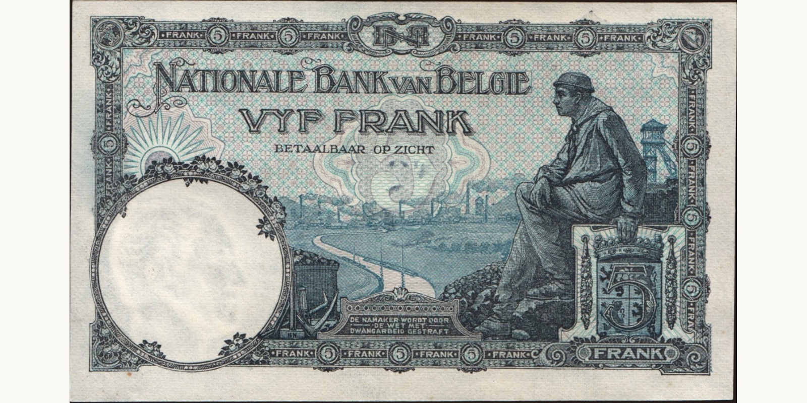 5 franc Belgium 1922 — Back side