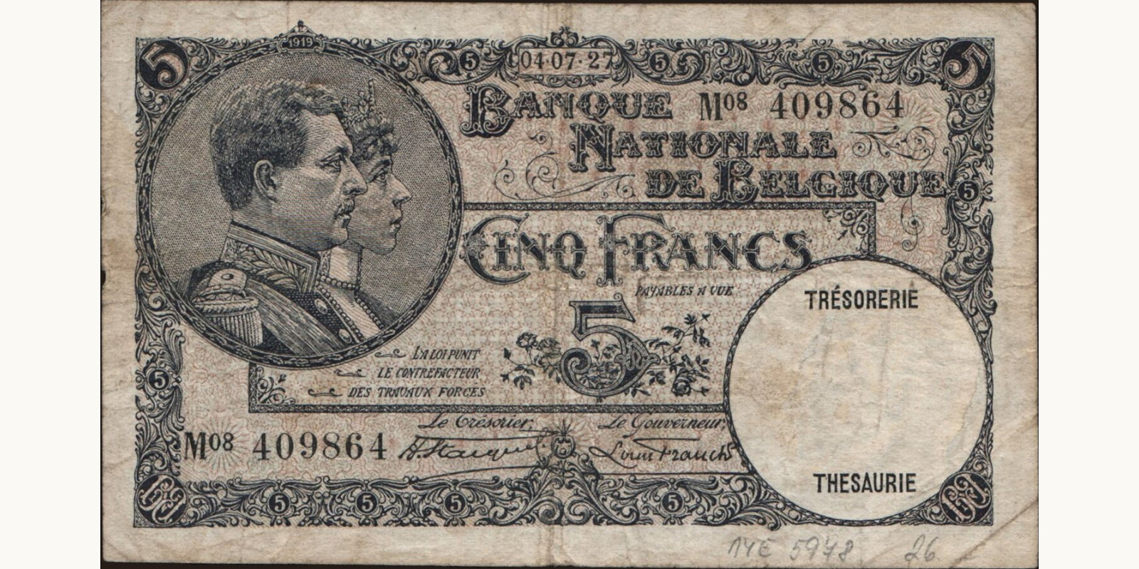 5 franc Бельгия 1927 — Лицевая сторона