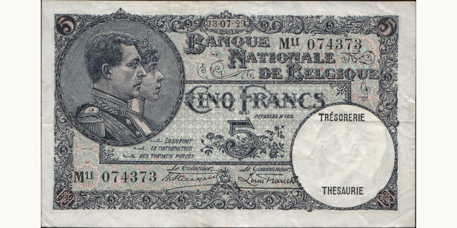 5 franc Бельгия 1929 — Лицевая сторона