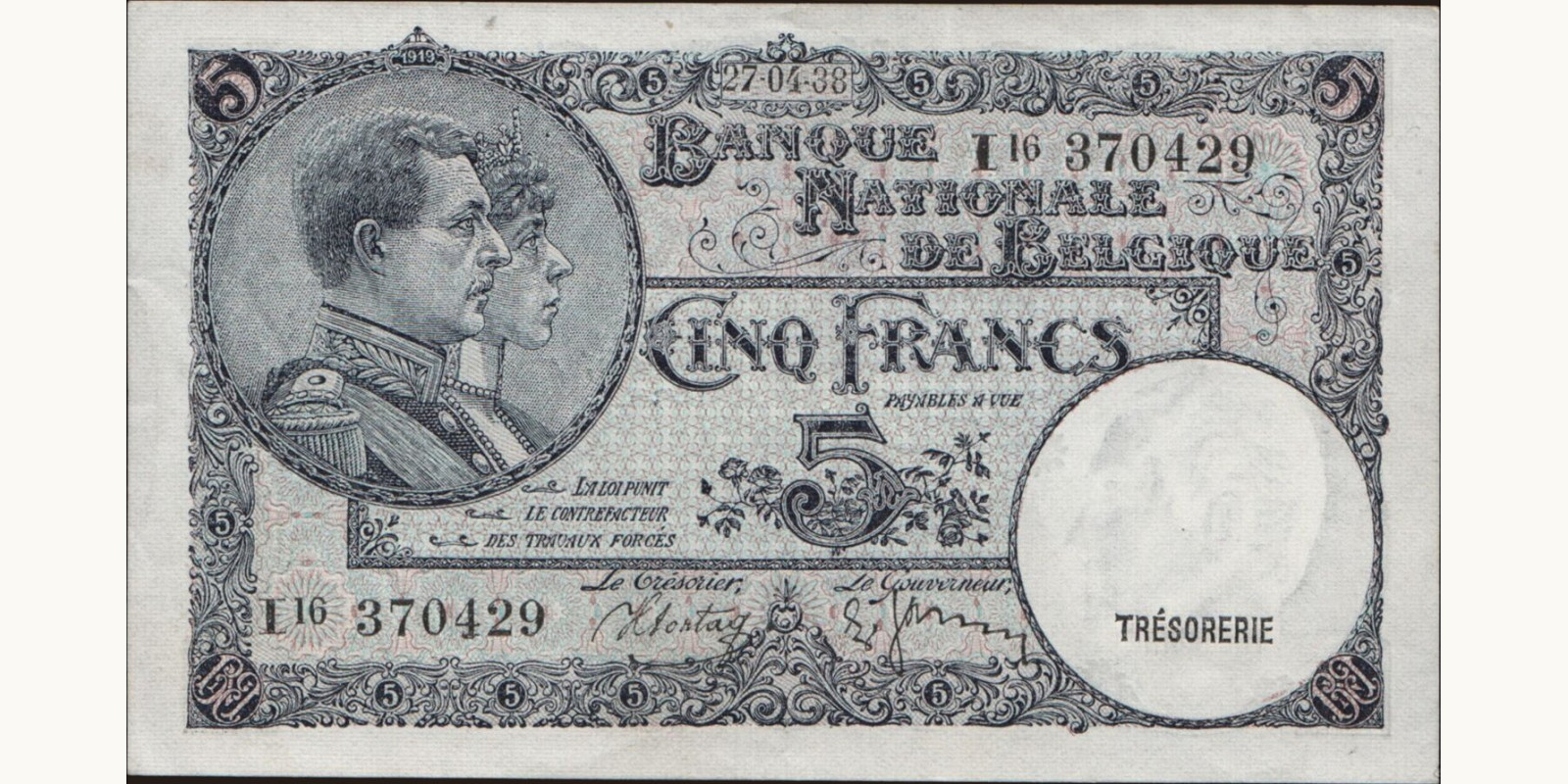 5 franc Бельгия 1938 — Лицевая сторона