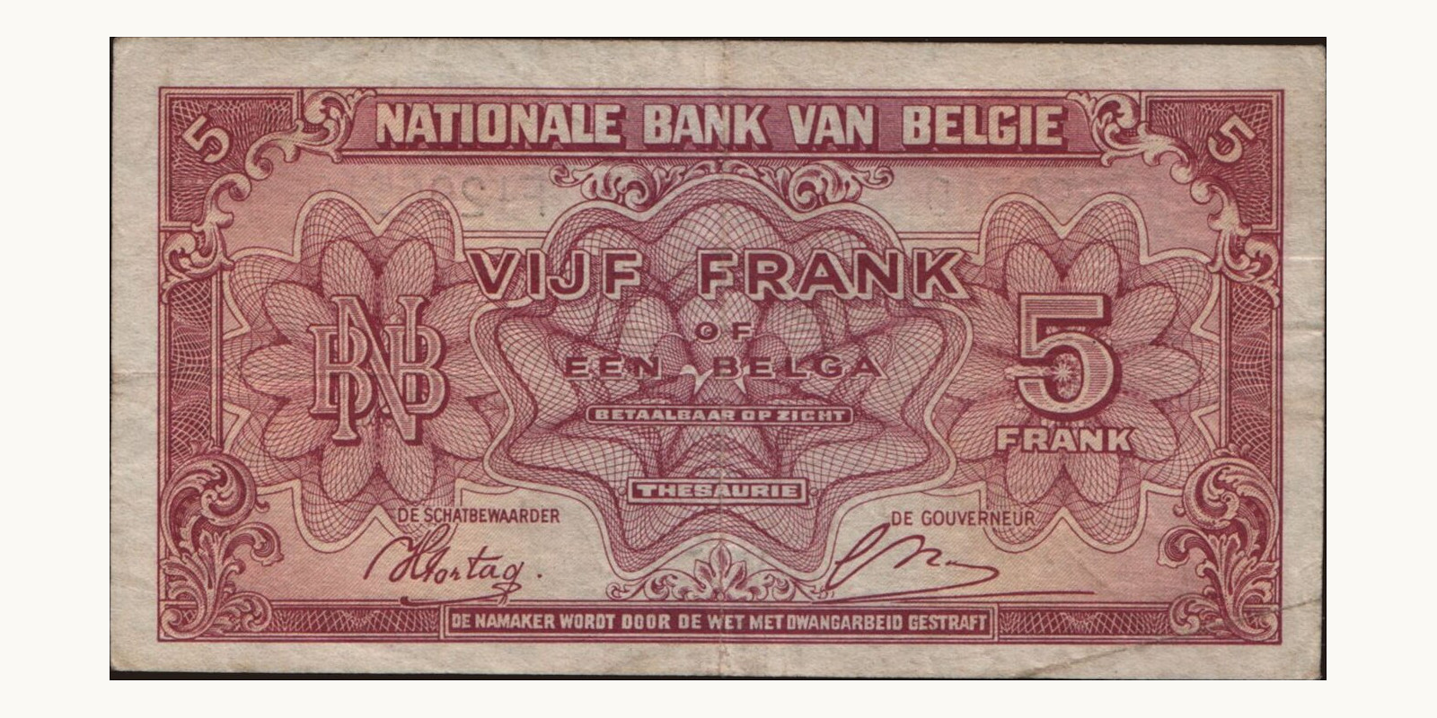 5 franc Бельгия 1943 — Оборотная сторона