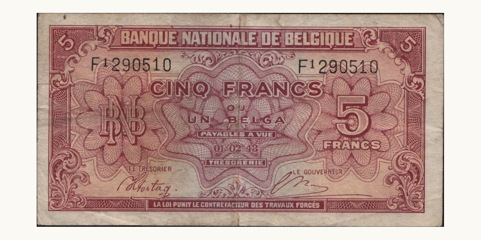5 franc Бельгия 1943 — Лицевая сторона