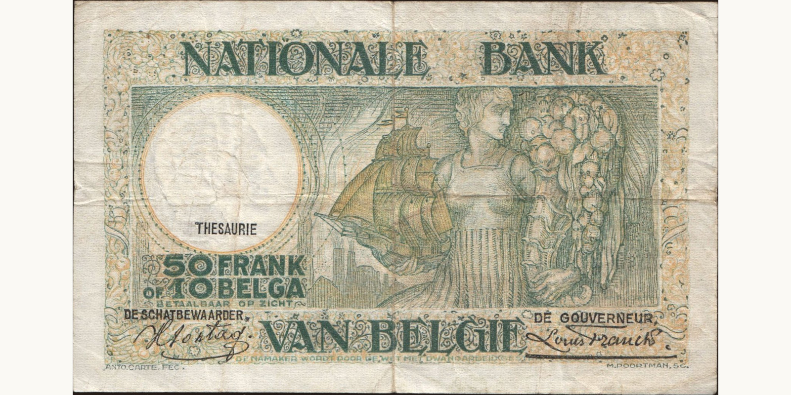 50 franc Бельгия 1937 — Оборотная сторона