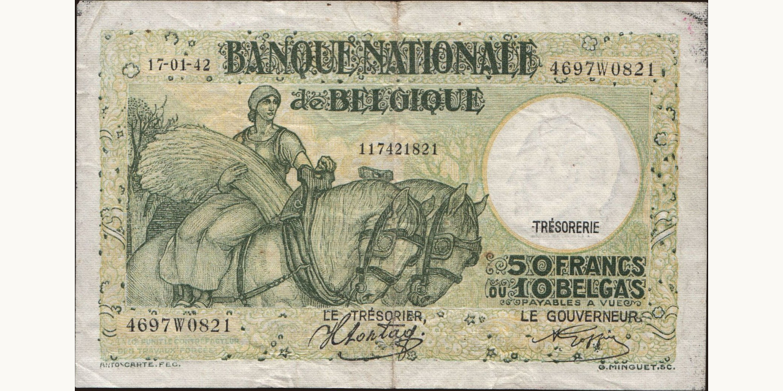 50 franc Бельгия 1942 — Лицевая сторона
