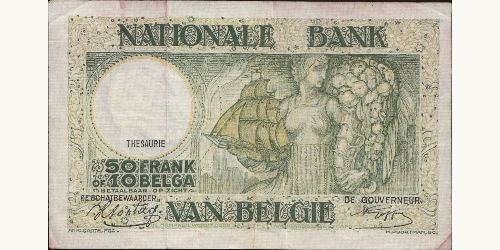 50 franc Бельгия 1943 — Оборотная сторона