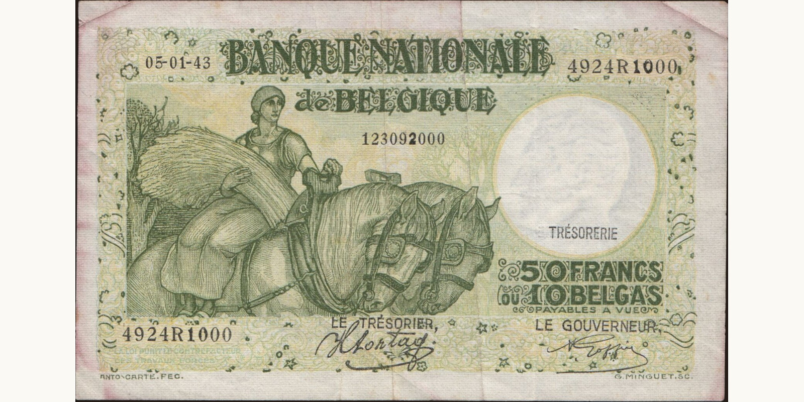 50 franc Бельгия 1943 — Лицевая сторона