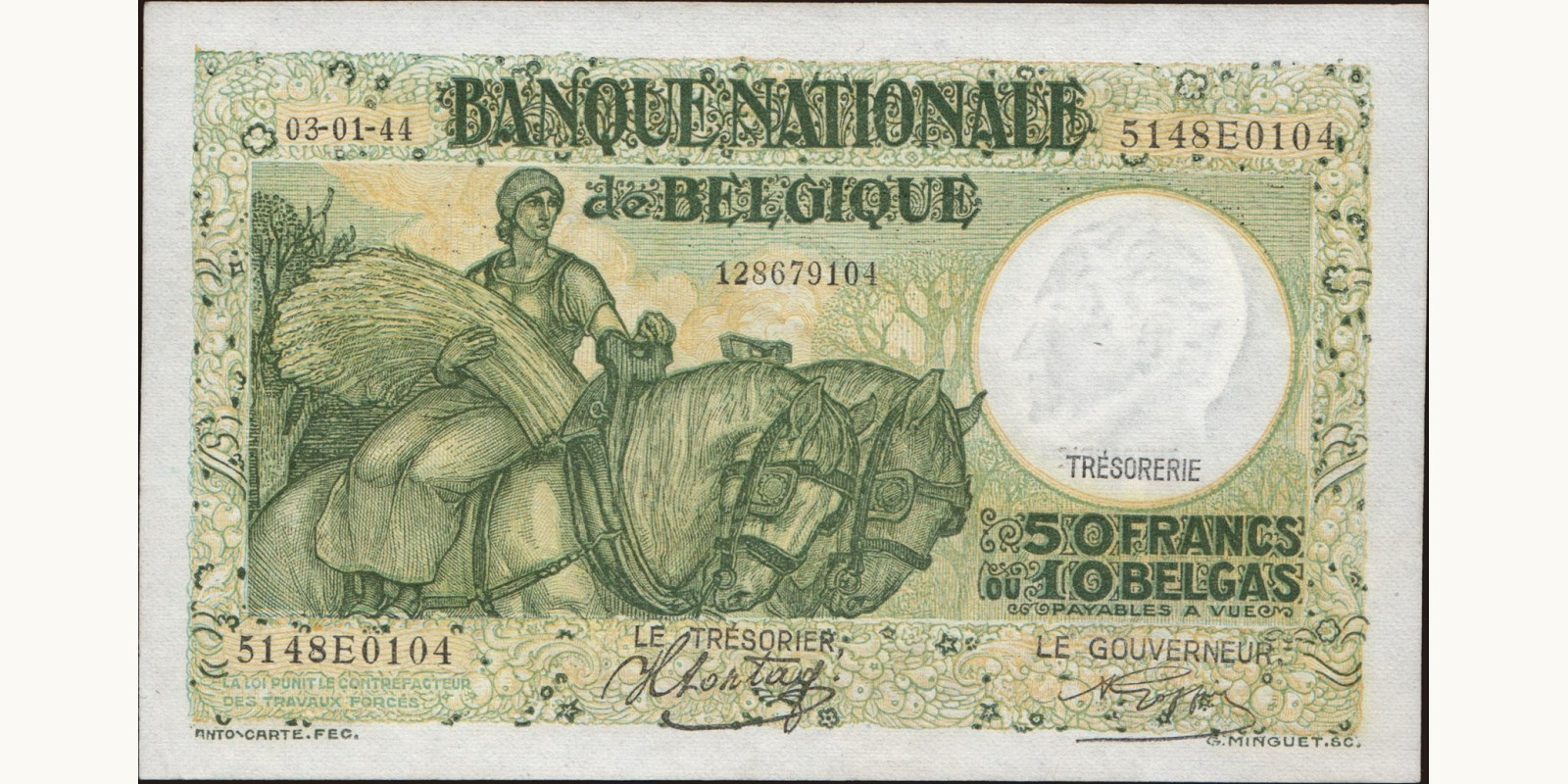 50 franc Belgium 1944 — Front side