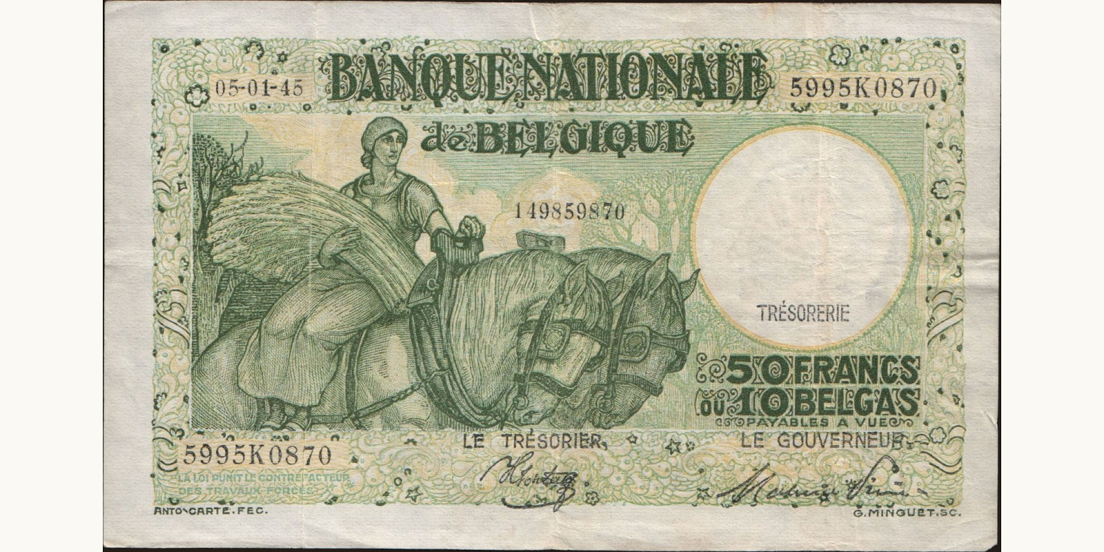 50 franc Belgium 1945 — Front side