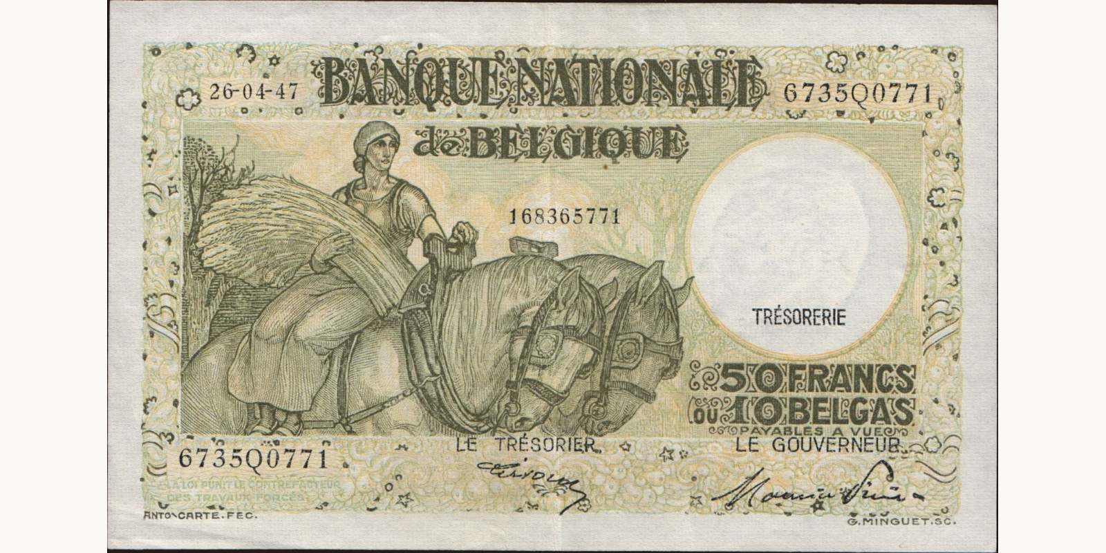 50 franc Бельгия 1947 — Лицевая сторона