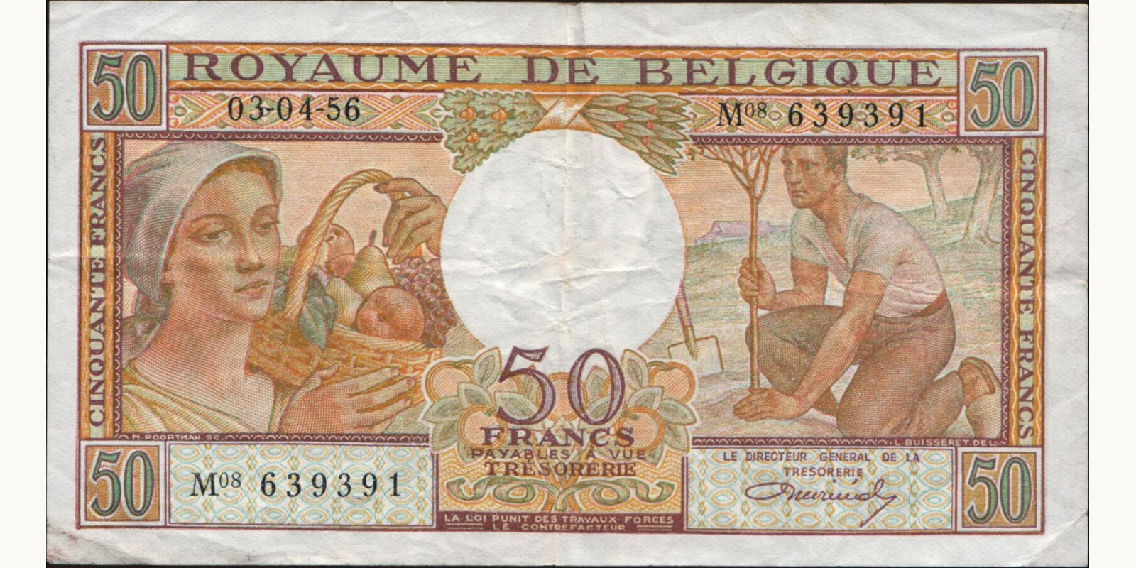 50 franc Бельгия 1956 — Лицевая сторона