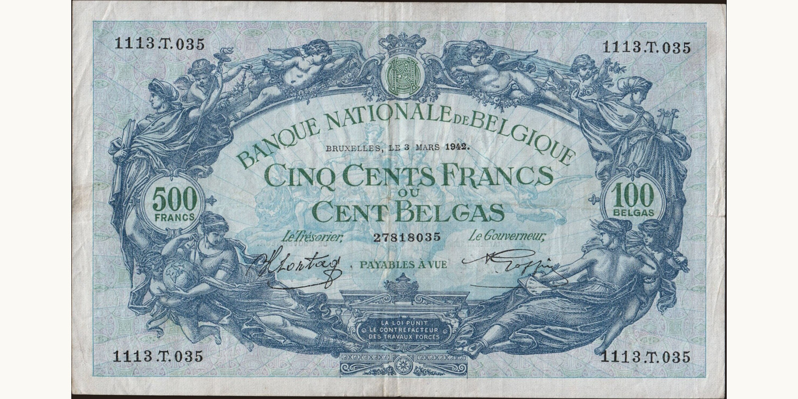 500 franc Бельгия 1942 — Лицевая сторона