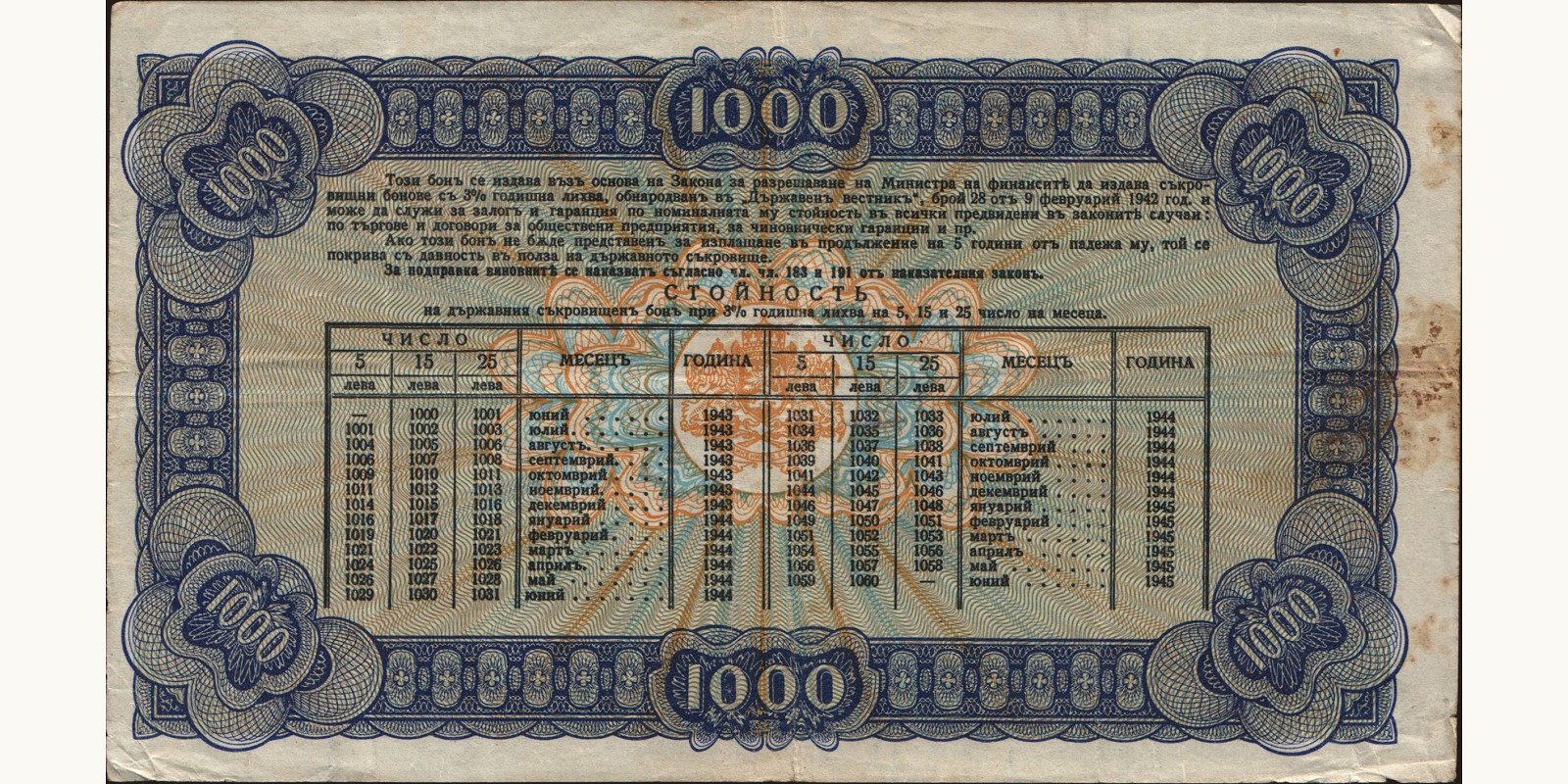 1000 leva Bulgaria 1943 — Back side