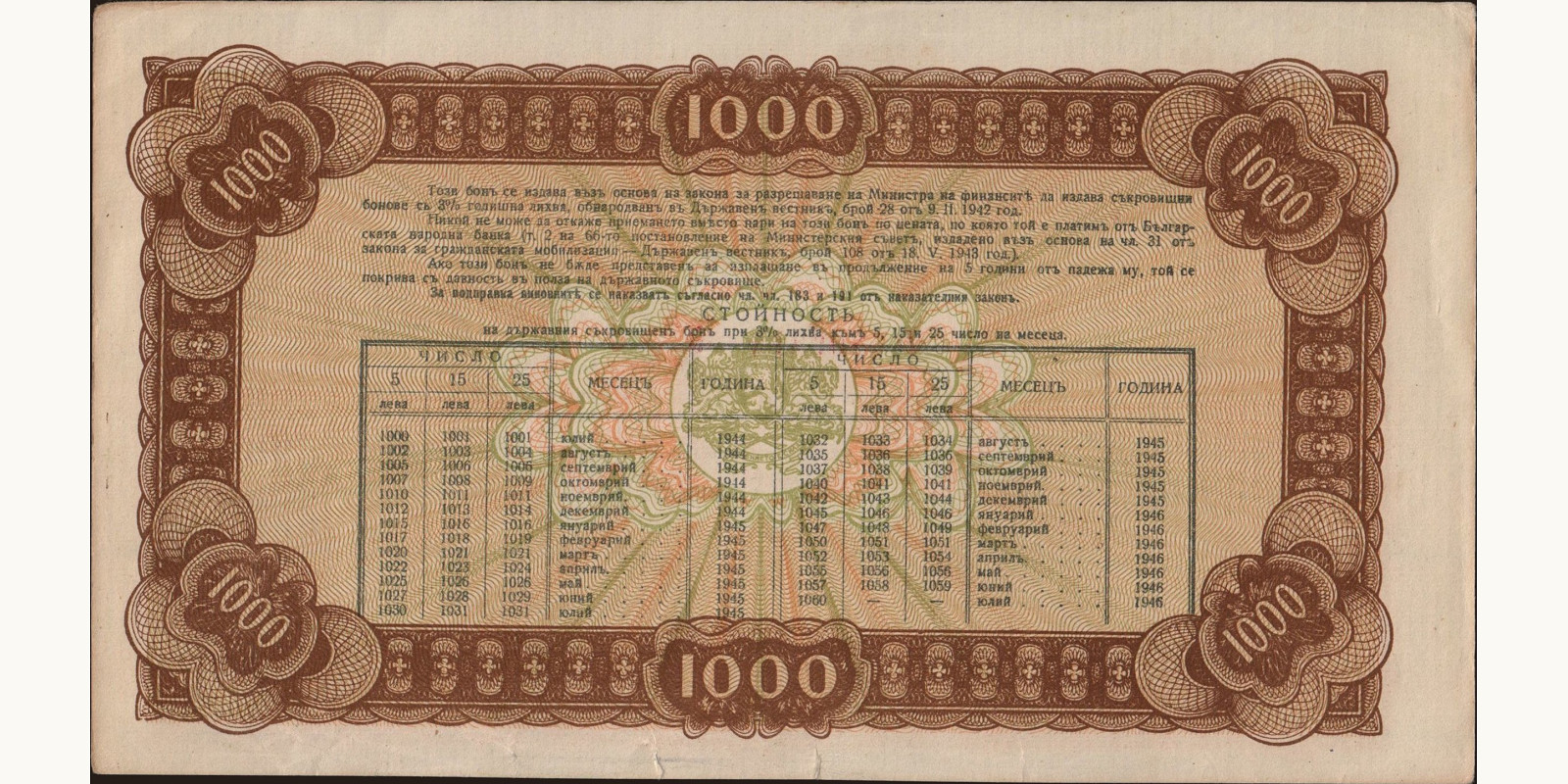 1000 leva Болгария 1944 — Оборотная сторона