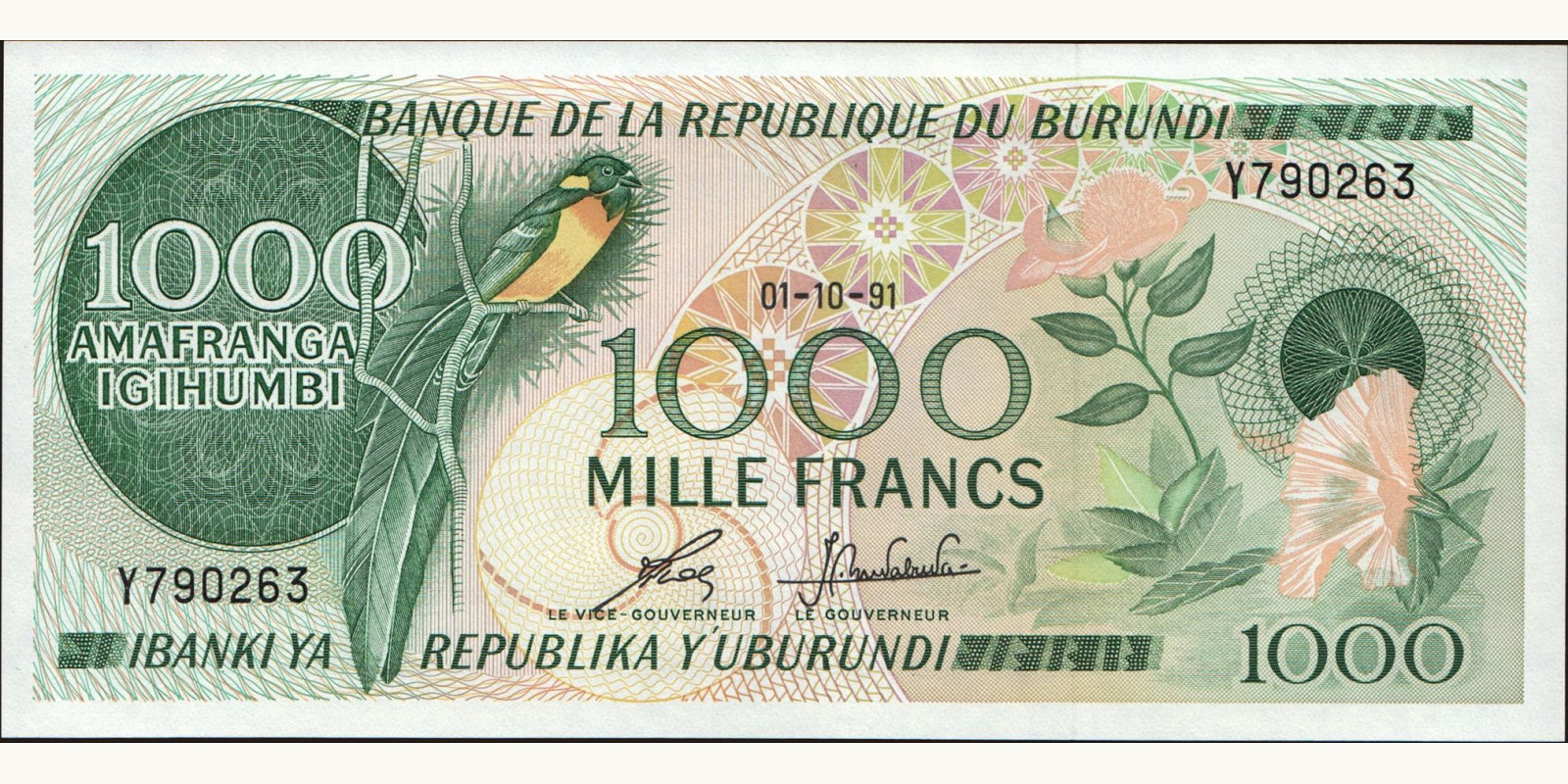 1000 franc Burundi 1991 — Front side