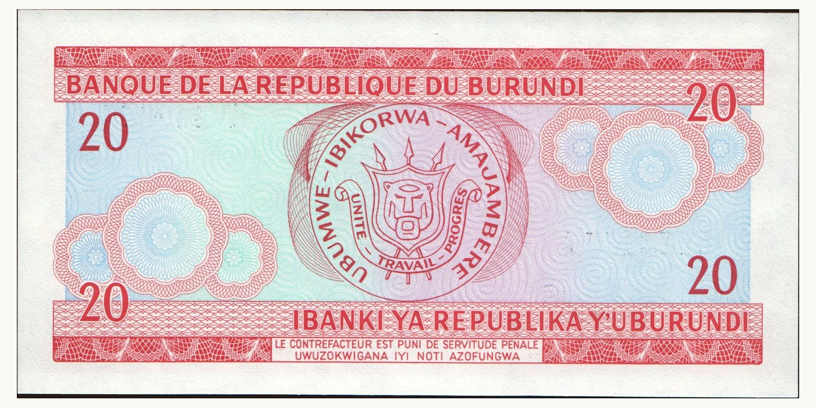20 franc Burundi 1989 — Back side