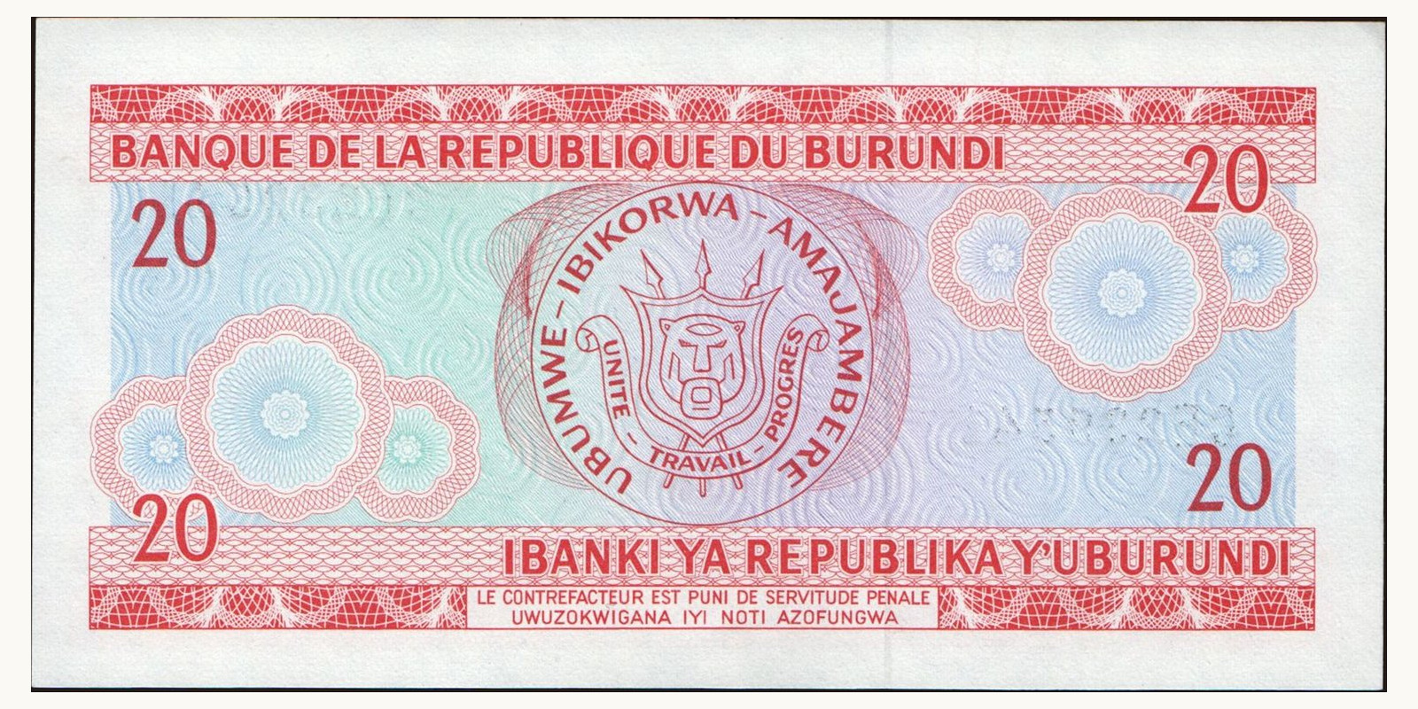 20 franc Burundi 1991 — Back side
