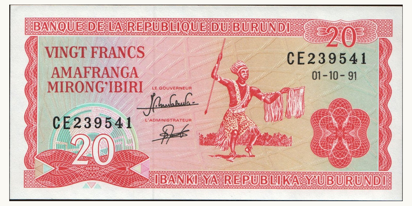 20 franc Burundi 1991 — Front side